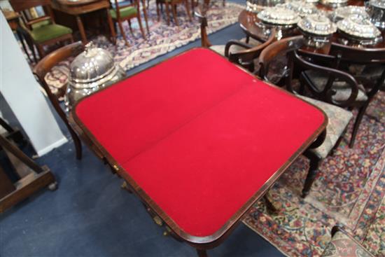 A pair of Regency brass inset rosewood card tables, W.2ft 11in. D.1ft 5.5in. H.2ft 5in.